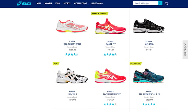 ecommerce product badging badges on the PLP asics